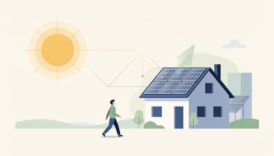 Homeowner holding keys and a notebook while looking toward a sunlit solar panel rooftop in British Columbia.