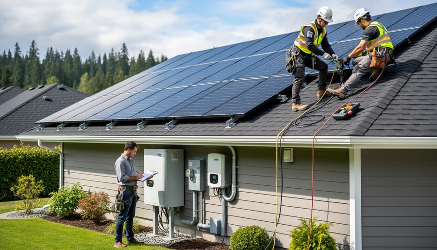 Homeowner looking at a roof with installed solar panels outside a modern house in British Columbia.