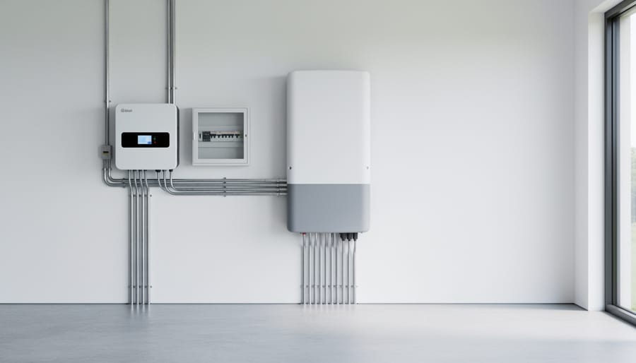 Close-up of a modern home solar battery unit installed inside a garage or utility room