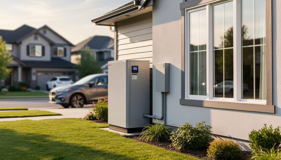 Homeowner standing next to a solar battery storage unit and inverter equipment outside a BC home.