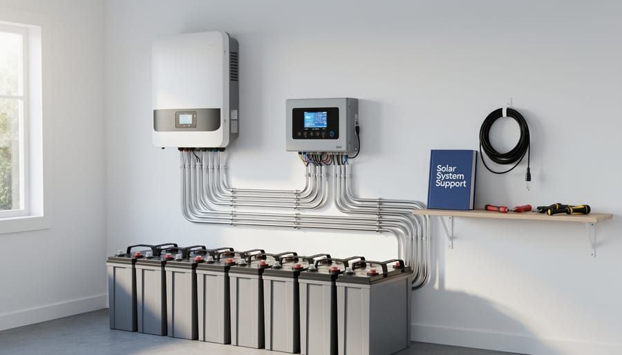 Close-up view of a solar inverter and neatly routed cables inside a home utility closet.