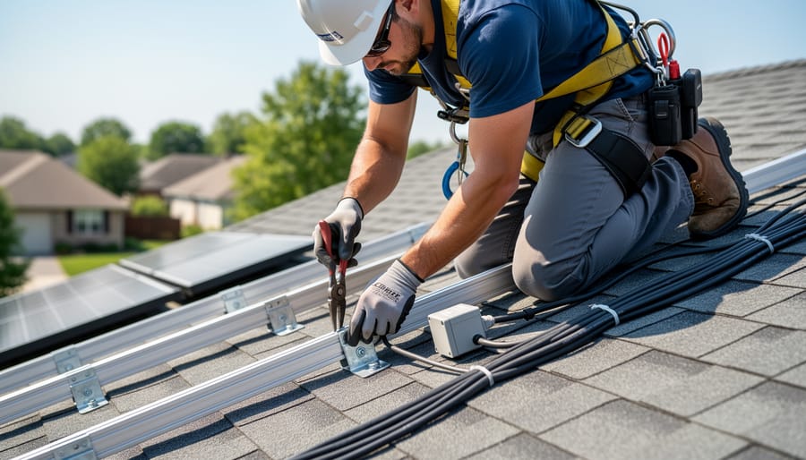 Solar contractors fastening mounting rails and checking electrical components on a home rooftop.