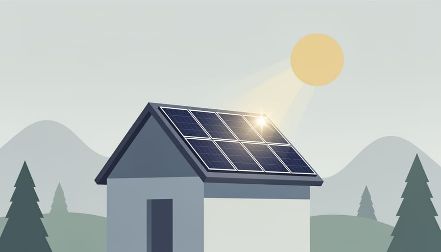 Golden sunlight shining on solar panels in front of a home with evergreen trees in the background.