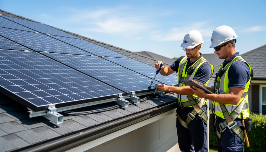 Close-up view of properly mounted solar panels with brackets on a roof in misty weather.