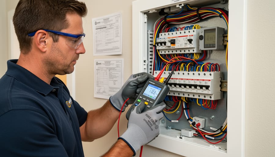 Electrical testing equipment and tools laid out beside a solar inverter and cabling on a workbench.