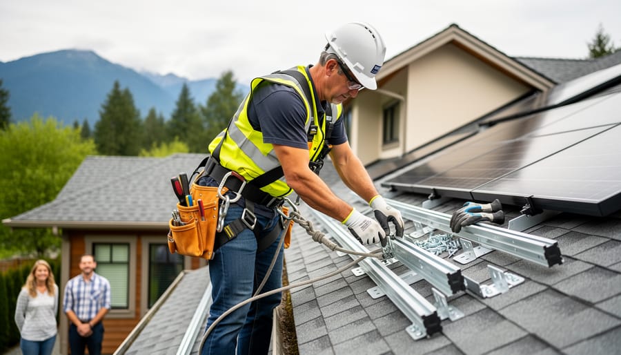 Solar installer kneeling on a residential roof mounting solar panels with tools.