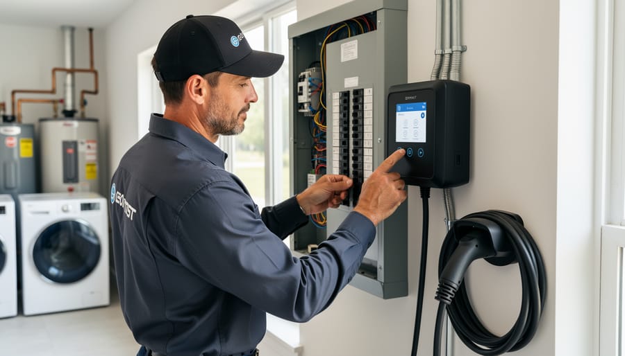 Electrician inspecting EV charging load management controller hardware in a home utility area