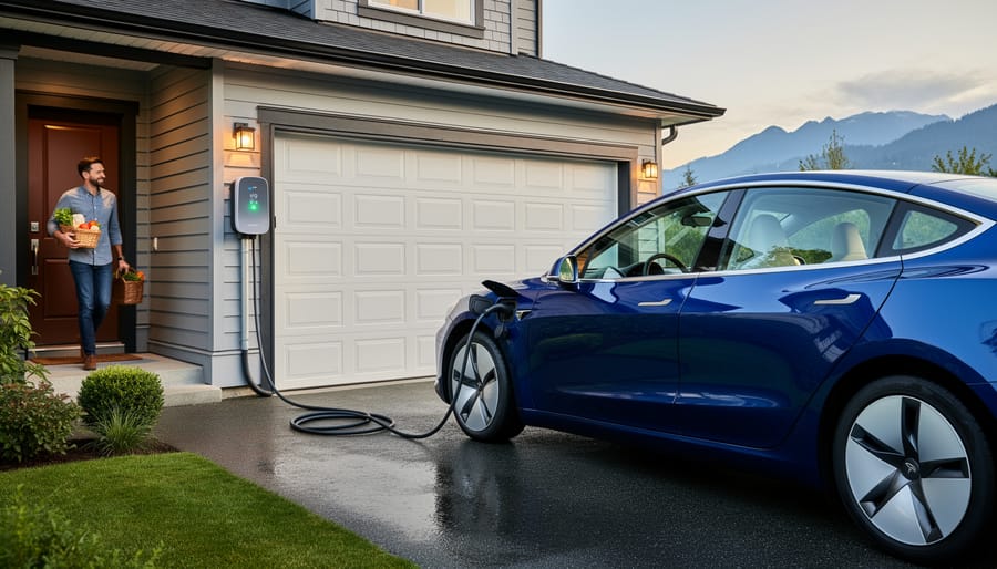 EV charging station mounted near a Vancouver home driveway with a parked electric vehicle