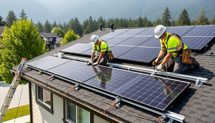 High-visibility workers installing solar panels on a residential roof