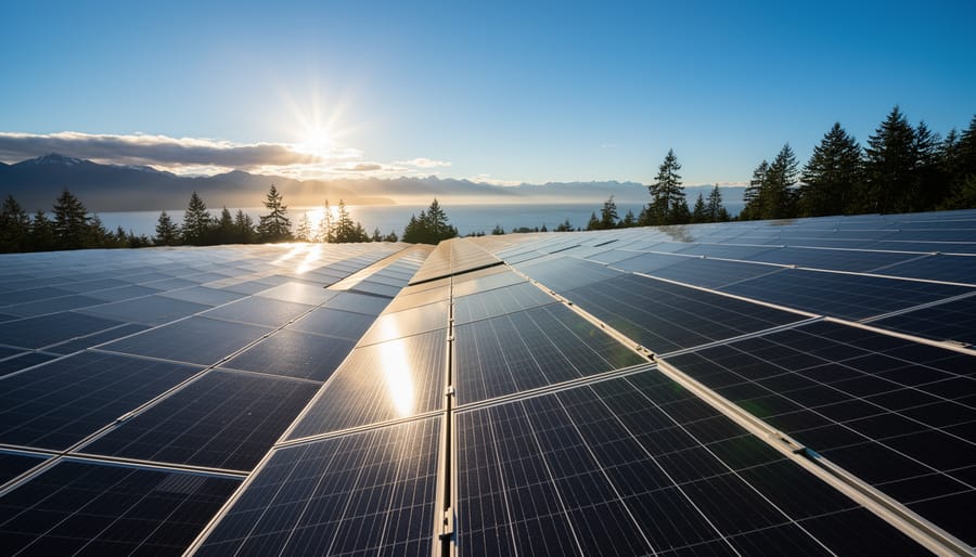 Solar panel array reflecting golden sunset light from a ground-level viewpoint