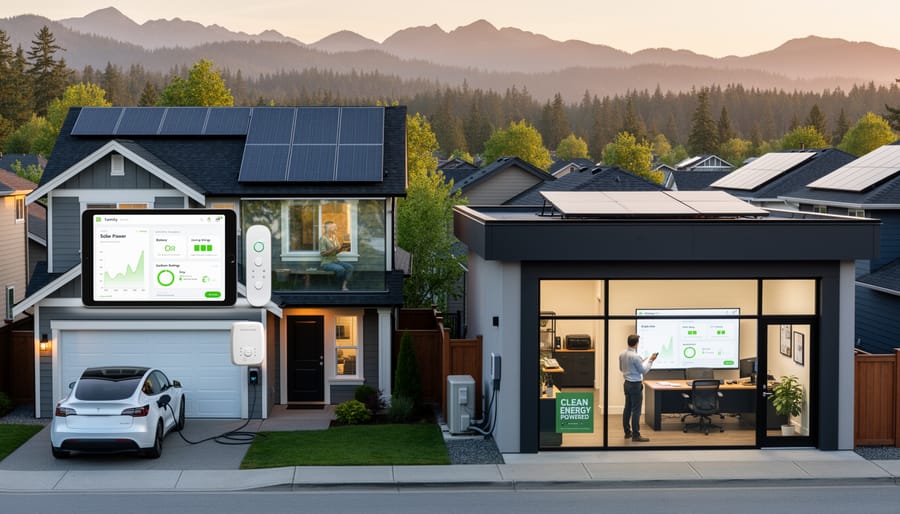Person holding a portable solar power device near a building solar inverter in a leafy outdoor setting