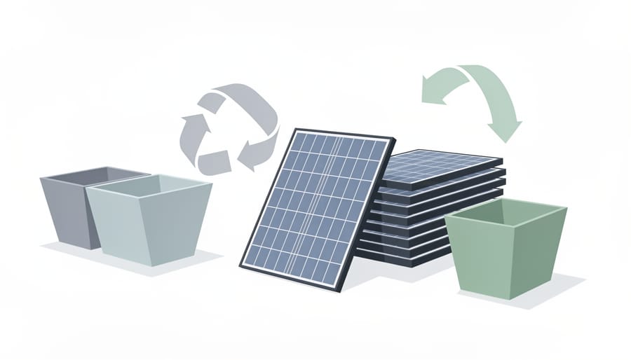 Solar panel on a recycling facility floor with recycling materials in the blurred background