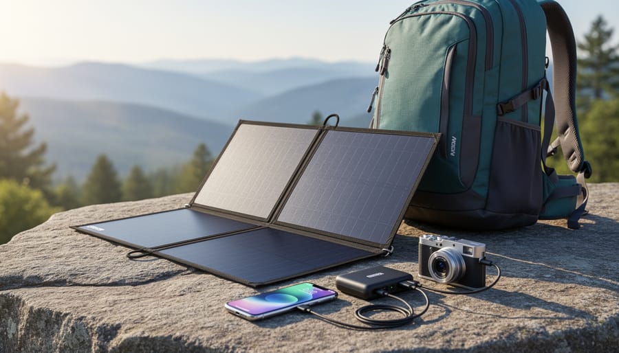 Compact 80W 18V solar panel connected to a phone in a minimalist backpack setup