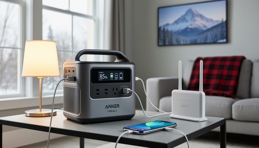 Anker C1000 Gen 2 portable power station powering a phone and LED lamp on a living-room table