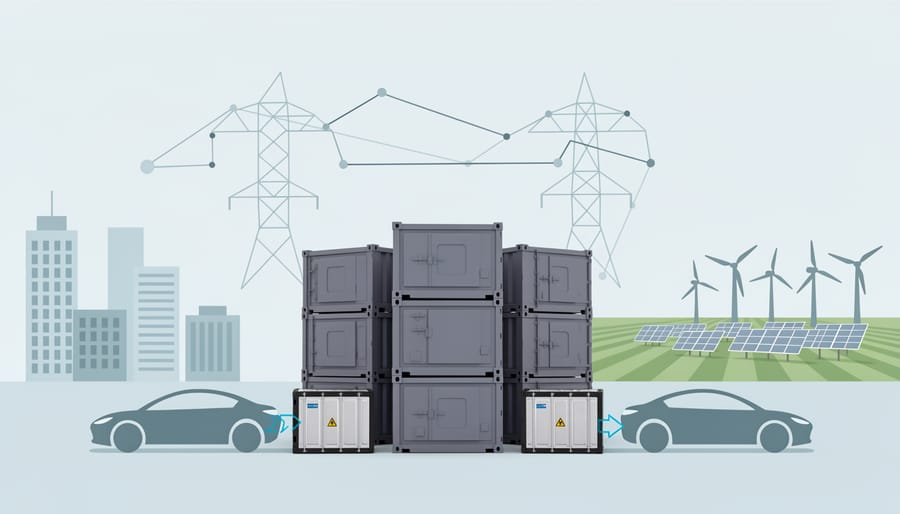 Large battery energy storage cabinets in an outdoor industrial setting under cloudy skies