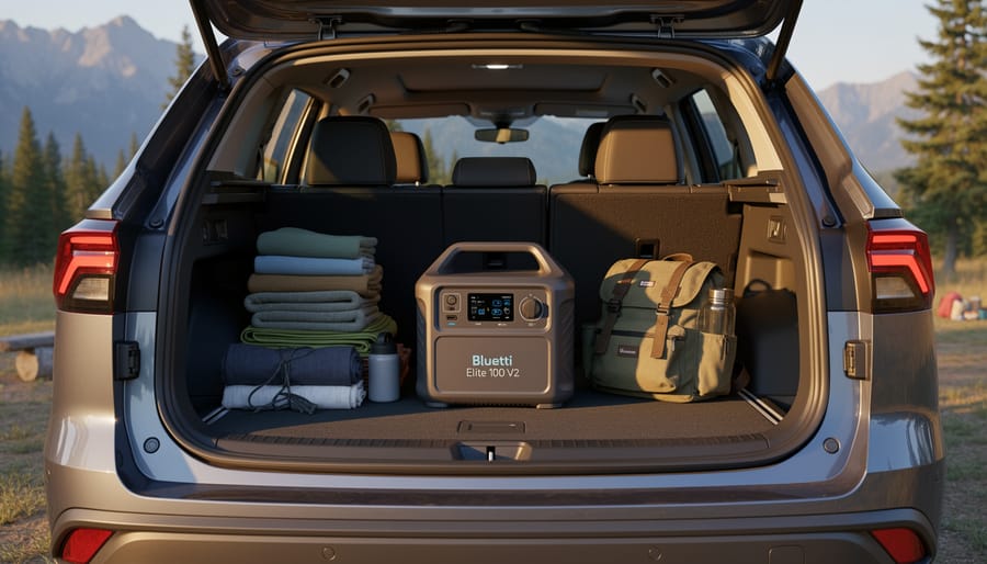 Bluetti Elite 100 V2 portable power station inside a car trunk organizer with camping gear