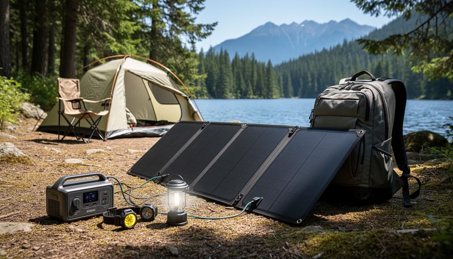 EcoFlow 110W foldable solar panel set up at a campsite with a portable power station and backpack nearby