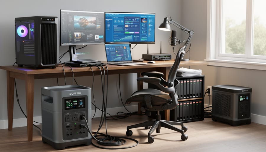 EcoFlow Delta Pro 3 powering a home office workspace in a garage