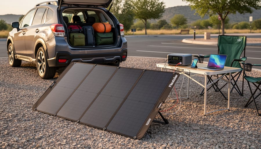 FlexSolar 100W foldable solar panel deployed for car camping charging with a portable power station