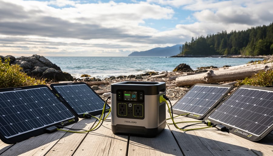 Goal Zero Yeti portable power station connected to a solar panel near a rocky shoreline