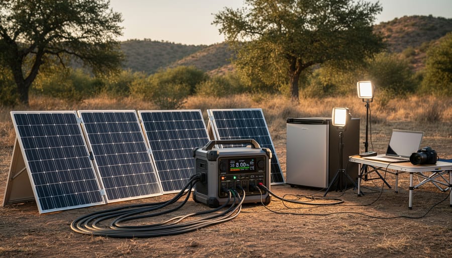 High-capacity foldable solar panel kit spread out at a campsite powering off-grid gear