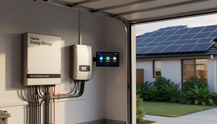 Home energy storage cabinet next to a solar inverter with clean wiring and outdoor setting in soft daylight