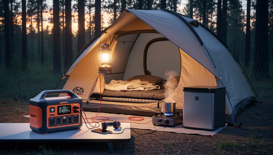 Jackery 2000 v2 portable power station powering camping gear at a forest campsite