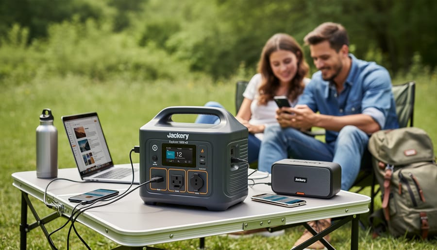 Jackery Explorer 1000 v2 portable power station powering a laptop and fan on a picnic table
