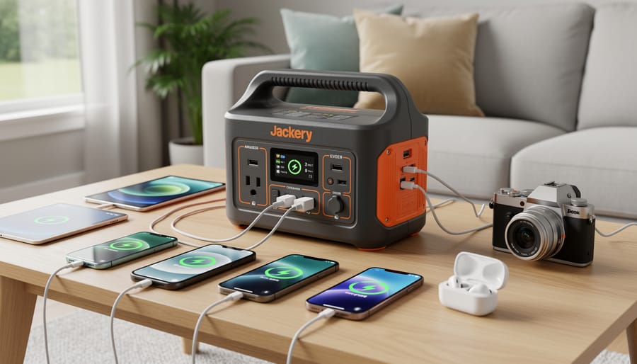 Jackery Explorer 300 charging a smartphone and powering a small laptop on a kitchen counter