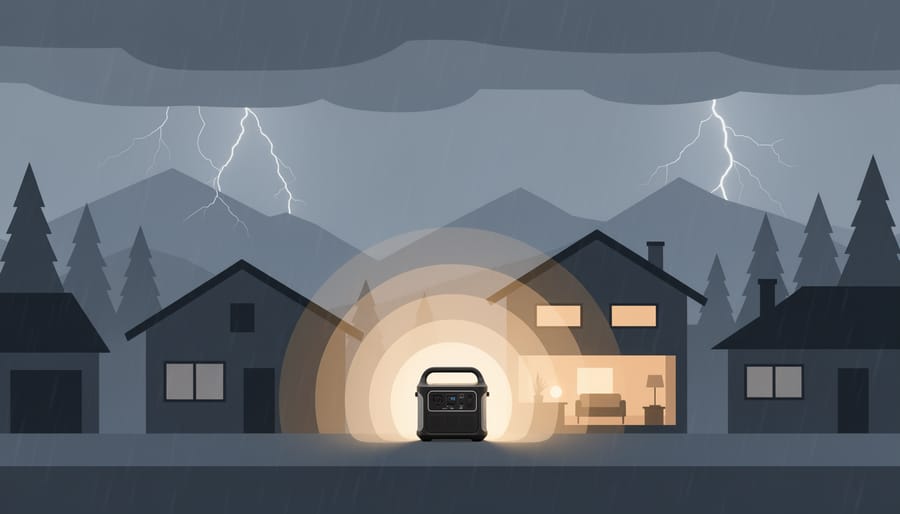 Portable power station lighting a dark home hallway during a storm