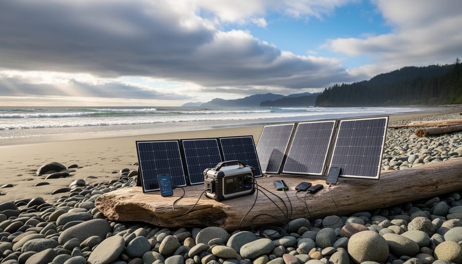 Portable solar panel deployed outdoors on a BC coastal beach with cloudy skies in the background
