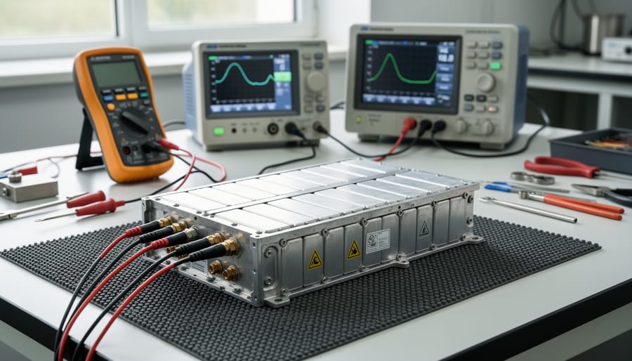 Technician in gloves holding an EV battery module in a clean workshop setting
