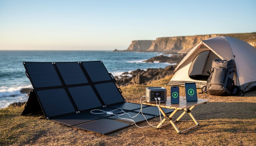 ZOUPW 110 watt portable solar panel charging devices at a scenic coastal viewpoint